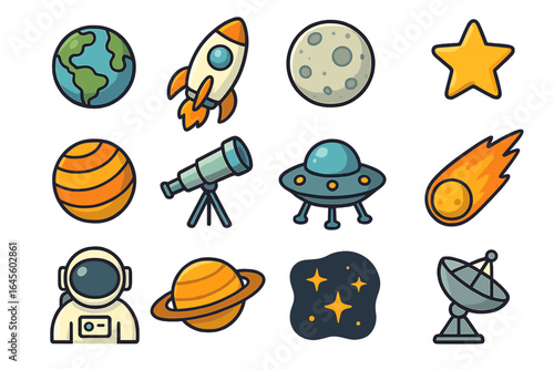 Space icon set. Cute cartoon astronomy collection. Astronaut, rocket, planet, UFO, star, satellite, telescope elements. Vector illustration for kids design, patches, stickers.