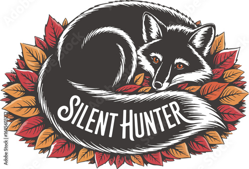 Black silhouette of a fox curled up on autumn leaves, minimal wildlife illustration, cozy fall season nature artwork

