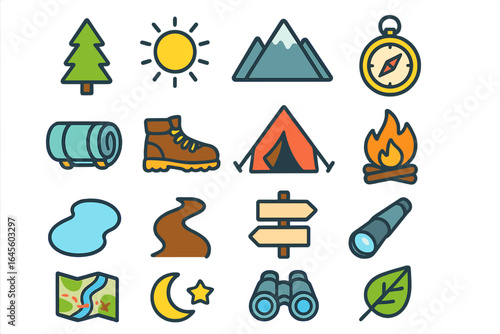 Set of camping and hiking line icons. Outdoor adventure, nature exploration symbols. Vector cartoon illustration includes tent, mountain, campfire, compass, map, and boots.