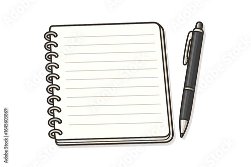 Blank spiral notebook and pen vector illustration. Lined paper for notes, list, diary or journal. Concept for study, planning, writing and education. School or office supplies.