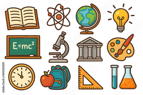 Education icon set. School subject symbols for learning and knowledge. Science, art, and university icons. Vector cartoon illustration of study supplies. Back to school.