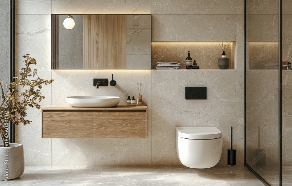Fototapeta premium Luxurious modern bathroom with wall-mounted toilet, elegant marble tiles, and illuminated mirror for a sophisticated contemporary design
