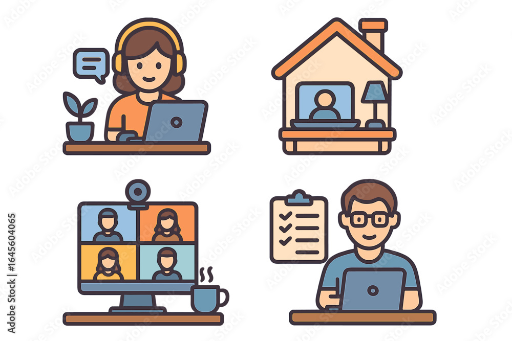 Remote work icon set for business. People in home office, video conference call, online meeting. Freelancer character, digital communication, telecommuting productivity symbols. Remote work icon set for business. People in home office, video conference call, online meeting. Freelancer character, digital communication, telecommuting productivity symbols.