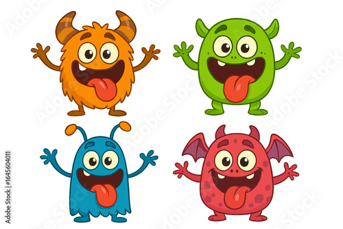 Set of cute cartoon monster characters. Funny happy alien or gremlin collection. Playful expressions, big eyes and tongue out. Vector illustration mascot design isolated.