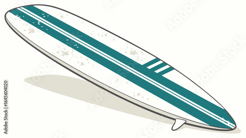 Vintage Surfboard with Teal Stripes and Scratches.