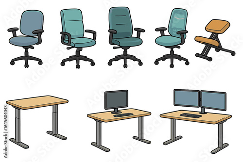 Collection of ergonomic office furniture. Adjustable standing desk, swivel chair, kneeling chair. Modern workspace interior. Computer workstation. Home office equipment set.