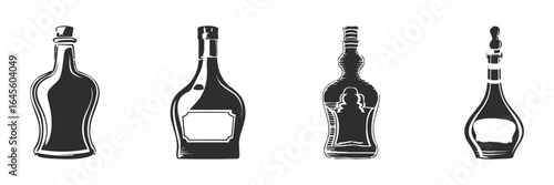 Four stylized bottles in a row.