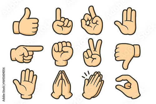 Hand gestures icon set. Cartoon vector collection of hands showing like, dislike, peace, ok, stop, pointing, fist, and praying. Communication and emotion symbols pack.