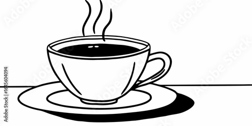 Illustration of a steaming cup of coffee on a saucer with a table in the background in black and white