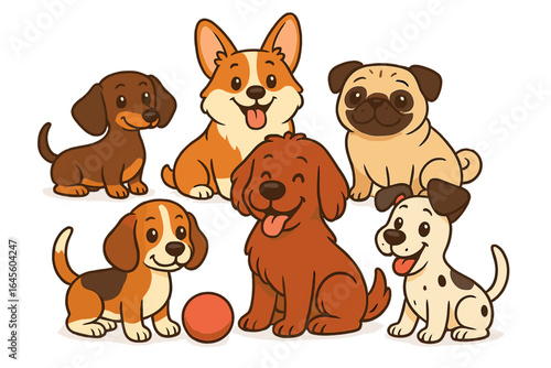 Collection of cute cartoon dog characters. Set of happy puppies of different breeds. Playful pets like Corgi, Pug, Beagle, Dachshund. Vector pet animal illustration.
