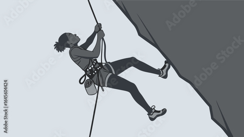 Woman Rock Climbing with Harness and Rope on Cliff Face.