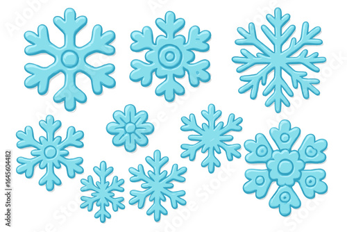 Blue fondant snowflakes vector cartoon set. Winter holiday sweet icing decoration for baking and cakes. Christmas and New Year decorative craft design elements isolated.
