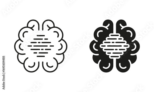 Two brain diagrams, one line art, one solid black.