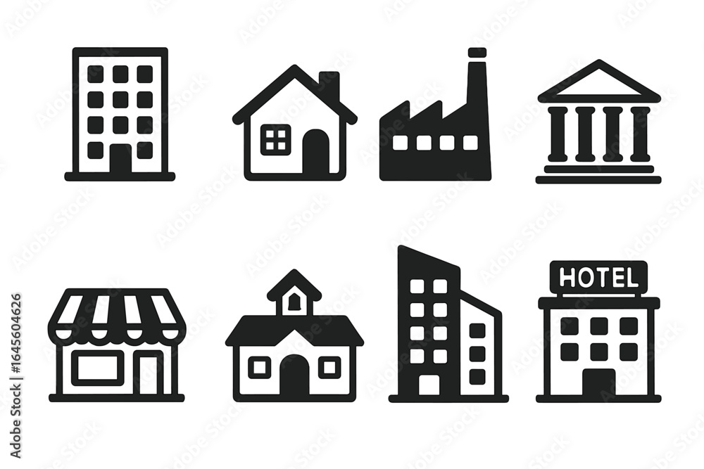 Fototapeta premium Simple building icon set. Black glyph collection of city architecture. Vector real estate symbols: house, hotel, factory, bank, store, school, office pictogram set.