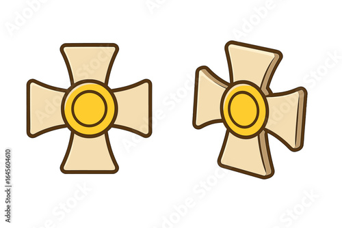 Set of two gold cross medals. Golden award emblem. Knight templar order symbol from front and perspective view. Vector illustration icon for honor, religion, or medieval concepts.