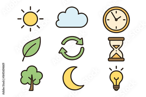 Minimalist nature and ecology icon set. Collection of simple line art symbols for weather, time, and environment. Sun, moon, tree, leaf, cloud, clock, recycle, idea.