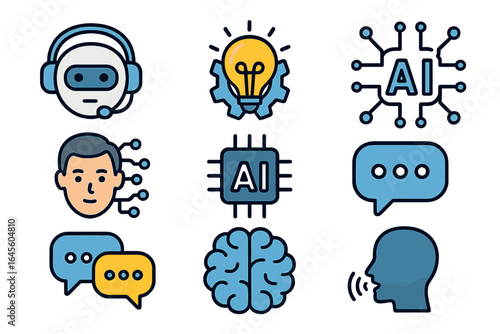 Artificial intelligence icon set. AI concept. Chatbot, robot head, brain, processor chip. Machine learning, communication, dialogue. Future tech vector illustration.