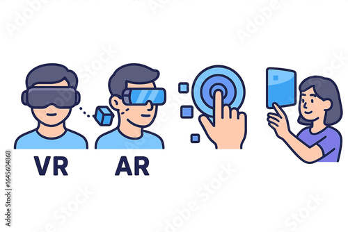 Virtual reality and augmented reality icon set. Man in VR headset, AR glasses. User interacting with futuristic digital interface. Metaverse technology vector illustration concept.