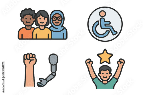 Diverse achievement icon set. Diversity, inclusion, community, multicultural team. Disability, accessibility, wheelchair sign. Prosthetic arm, bionics. Success, empowerment.