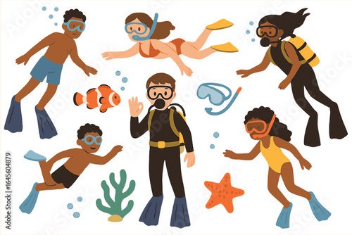 Scuba diving and snorkeling vector set. Diverse people, kids, adults swimming underwater. Cartoon characters with diver gear, mask, fins, fish, starfish, coral. Summer fun.
