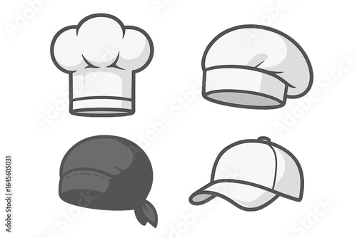 Vector set of professional chef hats. Culinary headwear collection for cooking. Kitchen uniform elements like toque, skull cap, bandana, and cap. Food service icons.