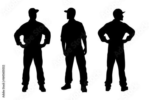 Three workers in uniform, strong and ready.
