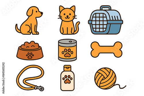 Pet care icon set. Dog and cat essentials collection. Puppy and kitten items for vet, shop, or grooming. Food, toys, carrier, and leash icons. Vector cartoon illustration.