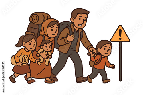 Refugee family with children walking. Sad migrants escaping war and crisis. Concept of displacement, immigration, poverty. People seeking asylum and safety. Social issue vector.