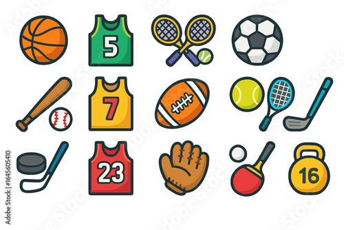 Sports icons set. Big collection of colorful cartoon vector graphics. Flat design athletic equipment for basketball, soccer, football, baseball, tennis, golf, and hockey.