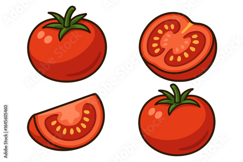 Fresh red tomato vegetable vector illustration set. Whole, half, and sliced tomatoes icon collection. Healthy organic food for cooking ingredient or diet. Ripe cartoon graphic.