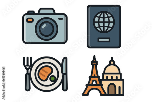 Simple outline icon pack for travel agency, international journey, adventure trip. Passport, camera, food, and Eiffel Tower landmark. Vector illustration for web and mobile.
