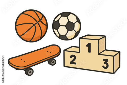 Sports gear icon set. Basketball, soccer ball, skateboard, winner podium. Vector cartoon collection for competition, championship, athletic design. Isolated sport equipment.