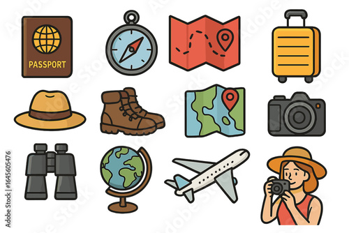 Travel and adventure icon set. Tourism and vacation symbols collection for exploration and hiking. Passport, map, camera, compass, airplane vector cartoon illustration.