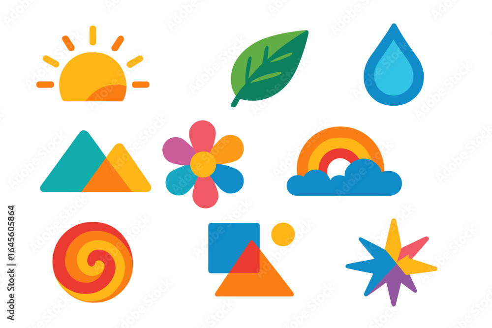 Naklejka premium Set of colorful abstract icons. Nature and geometric shapes collection. Modern flat design elements for web and app. Sun, flower, rainbow, mountain, leaf, water drop symbols.