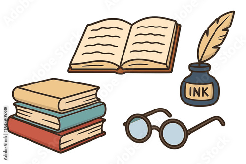 Vector collection of vintage writing and reading tools. Open book, stacked books, inkwell with quill pen, and retro eyeglasses. Literature, education, and knowledge icons.