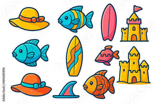 Summer beach icon collection. Cute cartoon vector illustrations of fish, surfboards, sandcastles, and sun hats. Isolated graphic elements for vacation, travel, and ocean designs.