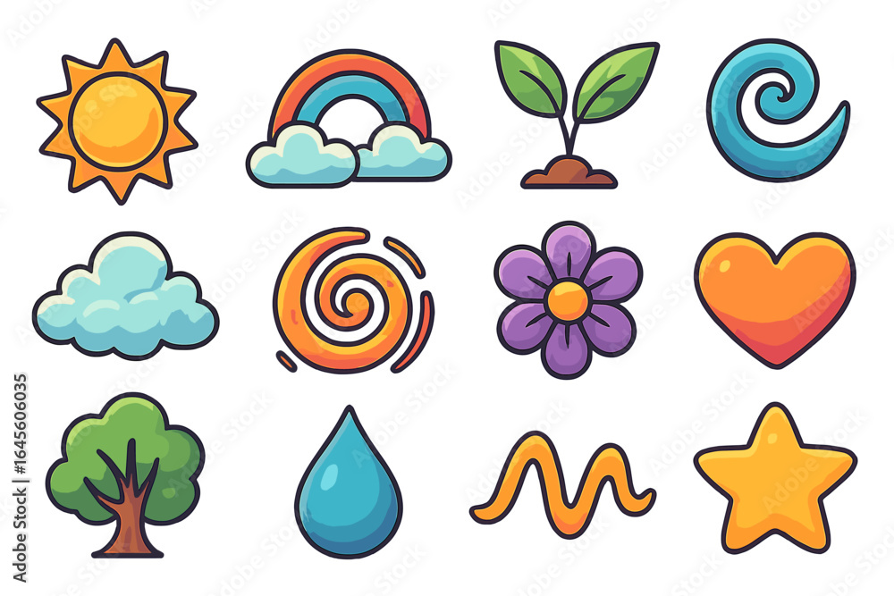 Naklejka premium Cute cartoon vector icon set. Nature and weather symbols collection. Sun, rainbow, cloud, tree, flower, water drop, heart, star. Whimsical elements for creative projects.