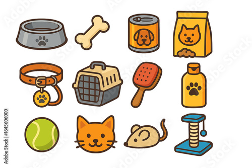 Pet shop icon set with cat and dog accessories. Vector collection of animal care elements like food, toys, grooming tools, and travel carriers. Flat cartoon style illustration.