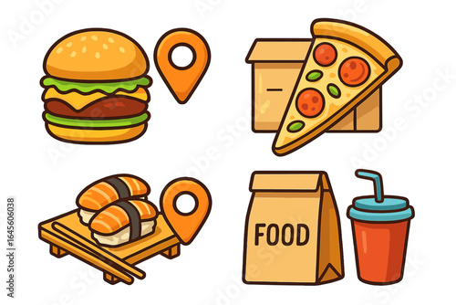 Food delivery service icon set. Takeaway fast food online. Burger, pizza, sushi. Lunch meal concept. Vector cartoon graphic. Location pin, gps, delivery box, bag, drink.