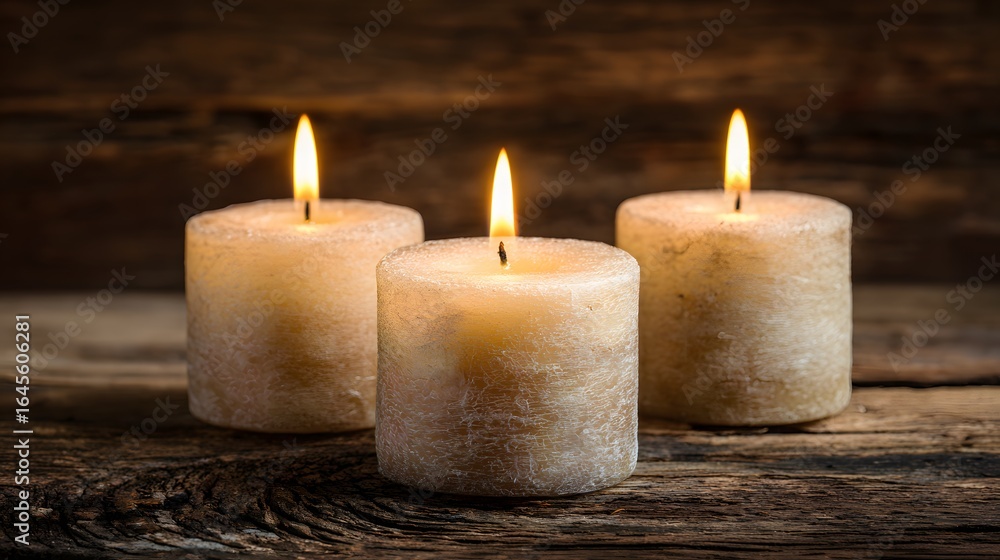 Three illuminated candles on a wooden surface. Three illuminated candles on a wooden surface.
