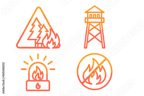 Forest fire icons set. Wildfire alert and prevention symbols. Fire lookout tower, no campfire sign, danger warning, and emergency alarm. Vector line art illustration.