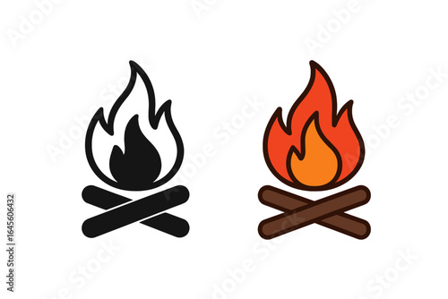 Campfire icon set in color and black silhouette. Bonfire symbol for camping, survival, and scouting. Flat vector logo design element for adventure and outdoor recreation.