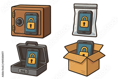 Mobile phone security and data privacy concept. Locked smartphone inside a safe, briefcase, box, and plastic bag. Cybersecurity, information protection, and digital detox metaphor.