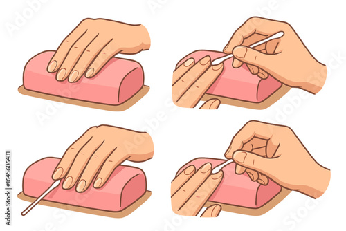 Manicure process vector illustration set. Step-by-step nail care guide. Hand cleaning fingernails with a cotton swab. Beauty salon hygiene and grooming procedure.