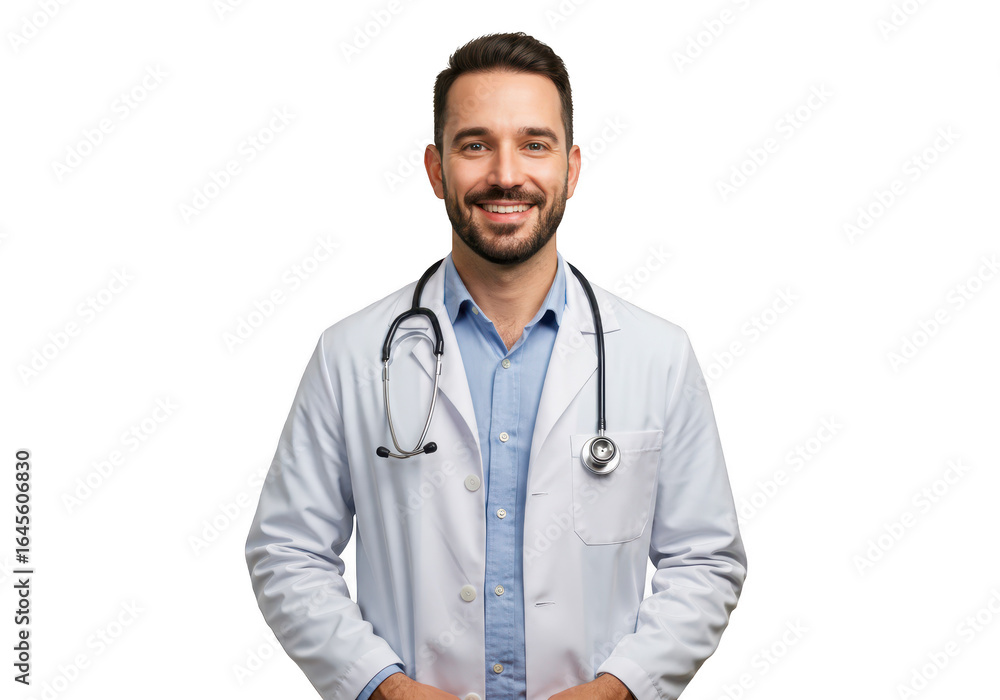 Fototapeta premium Smiling male doctor in white coat with stethoscope isolated on transparent background