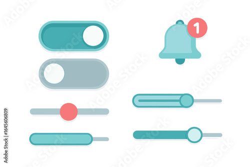 Modern user interface elements kit. UI UX design. Toggle switch on and off. Slider bar for settings. Notification bell icon for alerts. App & web design asset.