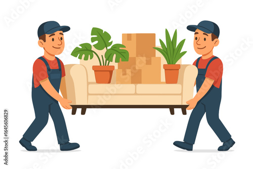 Movers carrying sofa with boxes and plants. Moving house, relocation service concept. Professional workers team in uniform. Furniture delivery cartoon vector illustration.