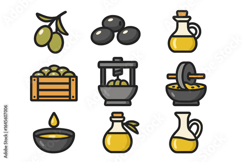 Olive oil production vector icon set. Process from harvest to bottle. Branch, fruit, press, millstone. Healthy mediterranean food ingredient for cooking. Agriculture pictograms.