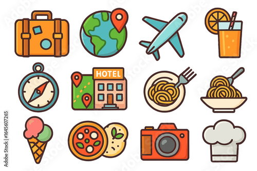 Travel and food icon set for tourism and culinary adventure. Vector cartoon symbols for vacation, flight, hotel booking, navigation, photography, pasta, pizza, and drinks.