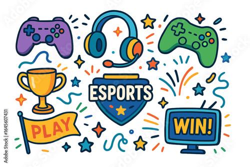 Esports gaming concept with controller, headset and trophy. Vector illustration set for cyber competition or tournament. Game icons for player, winner, streaming.